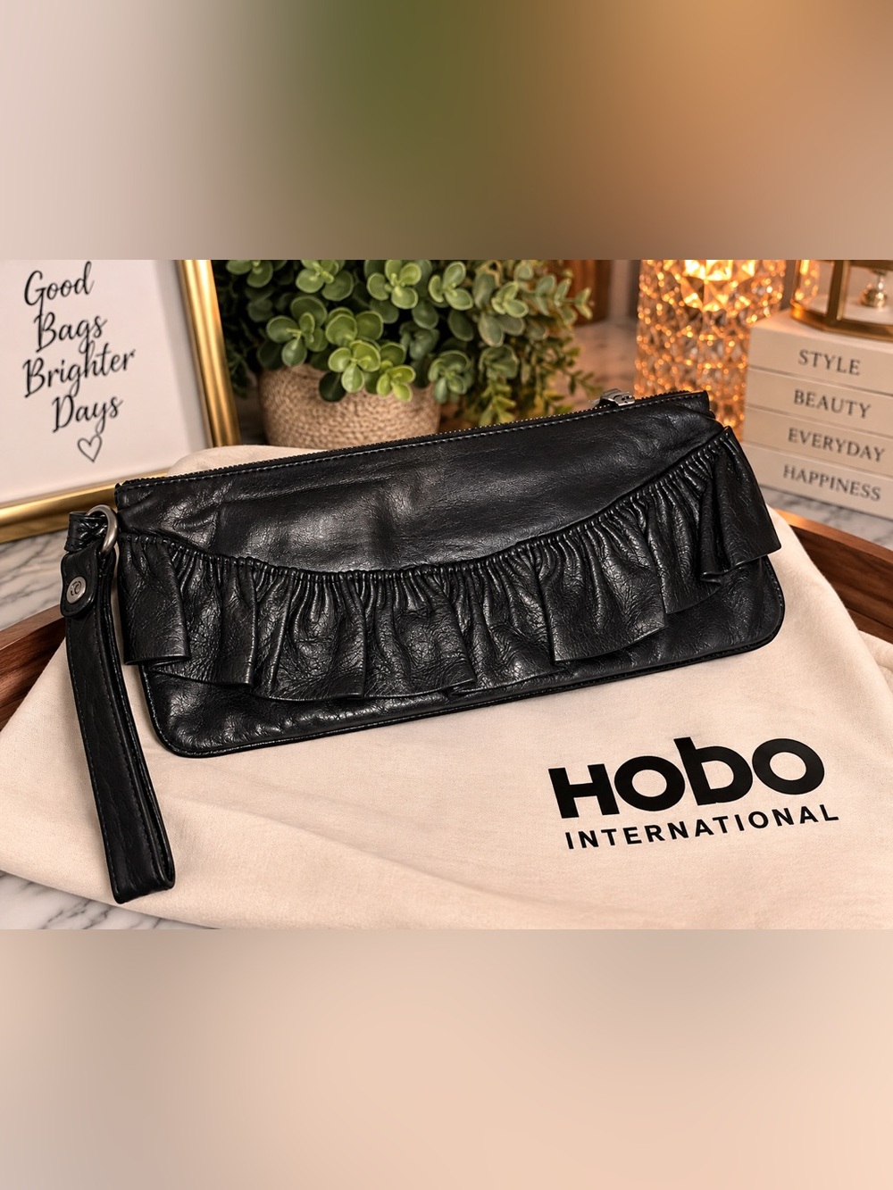 HOBO International Black Leather Ruffle Wristlet Clutch | Hot Pink Interior